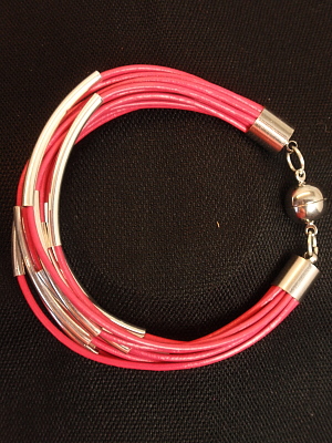 #B200PI Fuchsia Leather Bracelet with Silver Plated Tubes
