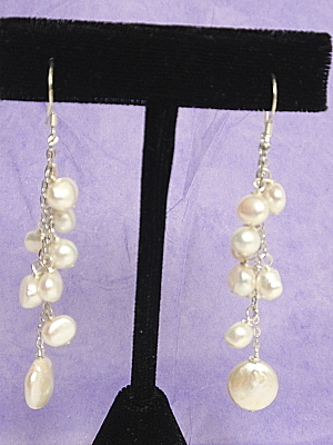 #E258 Triple Drop White Freshwater Pearl Earrings