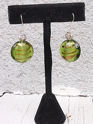 #E307 Lime Green with Gold Stripe Murano Earrings