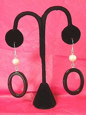 #E346 Black Agate Earrings Accented with a Freshwater Pearl