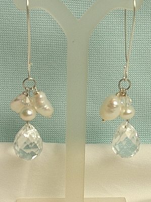 #E404-5 Clear Quartz and Freshwater Pearl Earrings on Sterling Silver Hooks