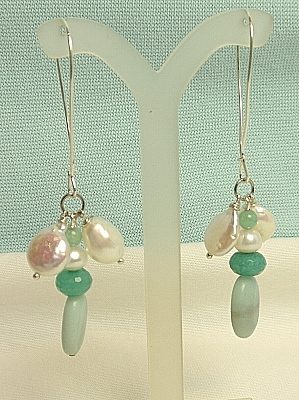 #E404-8 Amazonite and Freshwater Pearl Cluster Earrings on Sterling Silver Hooks