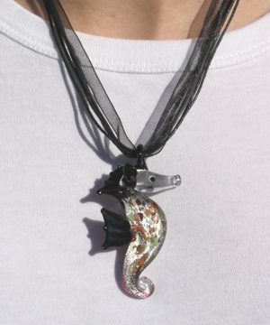 #F102 Black glass seahorse necklace