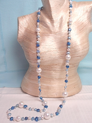 #F226 35" Blue Aqua Pearl Necklace with Mother of Pearl