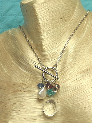 #F310-11 Clear Rose Aqua Teal & Purple Rock Quartz with Freshwater Pearls "Frosting Necklace"