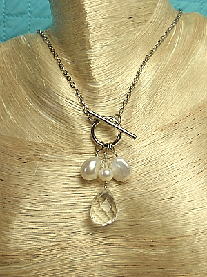 #F310-5 Clear Rock Quartz & Freshwater Pearl "Frosting Necklace"