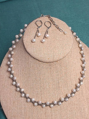 #F340 Stainless Steel Necklace with 5mm Pearls and Matching Earrings