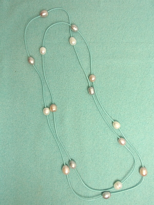 #F357TM Aqua Leather with Peach Silver and White Freshwater Pearls