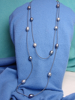 #F357GP 55" Gray Leather Necklace with Pearls