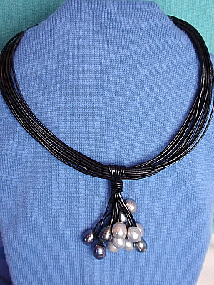 #F358BM 17" Fifteen Strand Black Leather Necklace with Freshwater Pearls