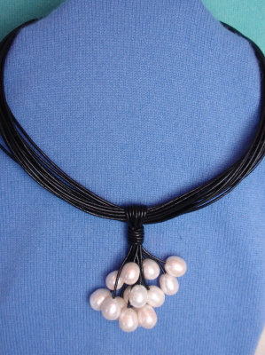 #F358BW 17" Fifteen Strand Leather Necklace with Freshwater Pearls