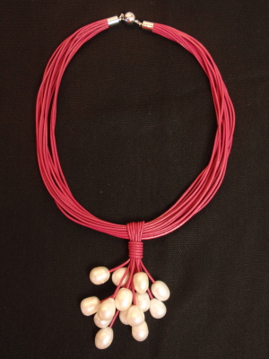 #F358PIW Pink Leather Choker with White Freshwater Pearls