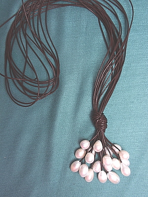 #F359BRW 35" Brown Leather Necklace with Freshwater Pearls