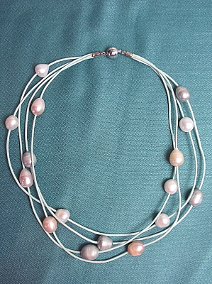 #F404AM Four Strand Aqua Leather Necklace with Freshwater Pearls
