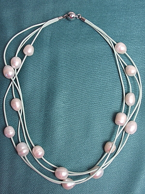#F404AW Four Strand Aqua Leather Necklace with Freshwater Pearls