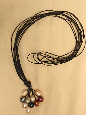 #F405BMR 30" Black Leather Necklace with Mixed Colored Freshwater Pearls