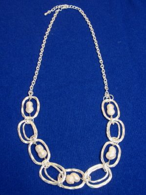 #F526W Aluminum Loop Necklace with White Freshwater Baroque Pearls
