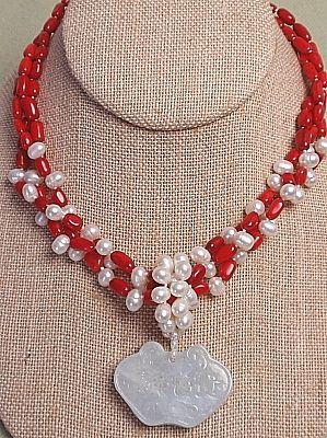 #LE307 Red Coral Necklace with Freshwater Pearls and Jade Drop