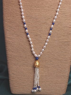 #LE410 30" Lapis and Freshwater Pearl Necklace with Tassel