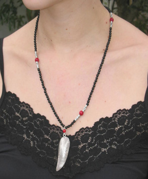 #PS171 Hilltribe Thai silver feather with coral and onyx necklace