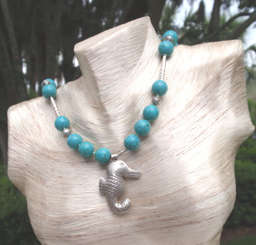 #PS454 17" 12mm Turquoise Necklace with Thai Silver Seahorse