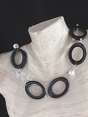 #PS549 20" Black Agate Necklace accented with Rock Quartz and Pearls