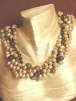 #PS626 Four Strands of Champagne Brown Pearls and Natural Turquoise