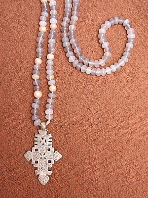 #PS659 30" Gray Oval Agate with Ethiopian Cross