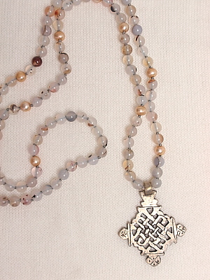 #PS692 30" Mixed Agate Freshwater Pearls and Ethiopian Cross