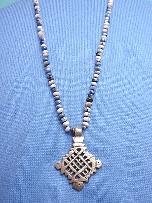 #PS693 Sodalite Stone Necklace with Ethiopian Cross