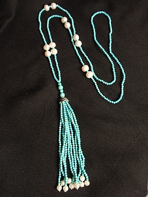#PS717 30" Turquoise and Freshwater Pearl Tassel Necklace