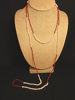 #PS723 56" Coral Necklace with White Freshwater Pearls