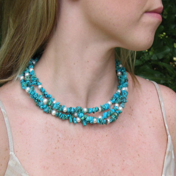 #PS73 3 Strands of turquoise chips mixed with white freshwater pearls sterling clasp