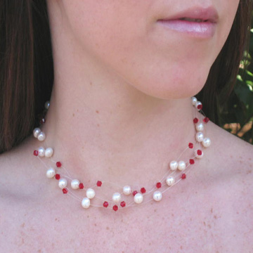 #WM27 Red crystal and pearl floating necklace