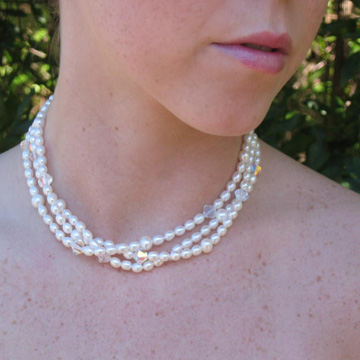 #WM49 Triple strand pearl choker with AB crystal