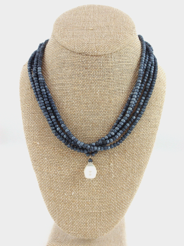 F528MN Mat Navy Crystal and Mother of Pearl Necklace, Magnetic