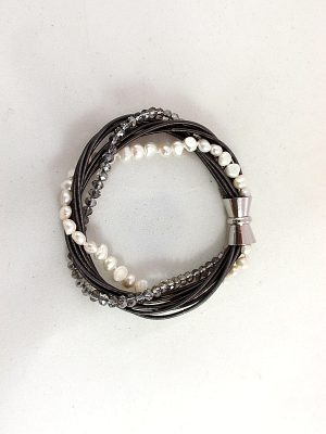 B218CWP   Charcoal Stainless Steel Bracelet with Crystal and Pearls