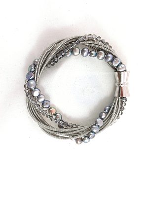 B218SSP     Silver Stainless Steel Bracelet with Crystal and Pearls